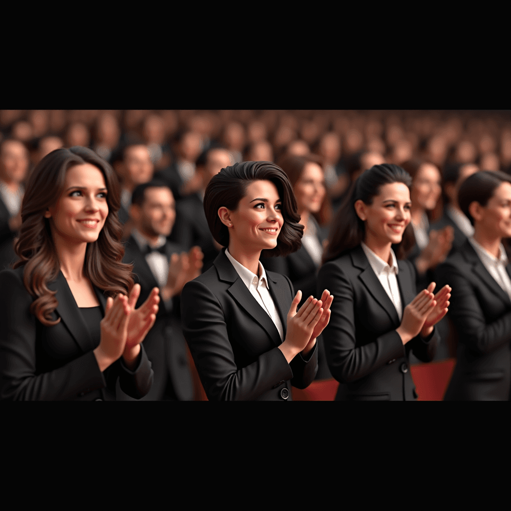 An elegantly dressed crowd enthusiastically applauding in unison.