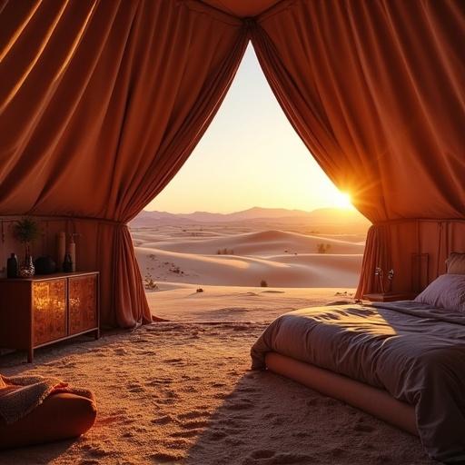Luxurious open yurt in Gobi desert at sunset. View shows the interior with soft lighting and desert landscape outside. Warm colors create serene atmosphere.