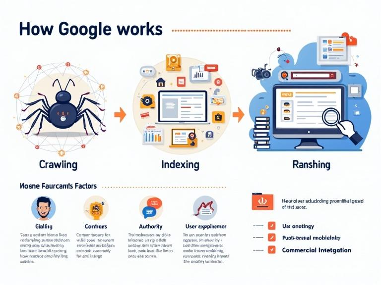 Educational infographic summarizing Google processes. Three main sections: Crawling illustrated with robot spiders, Indexing shown as a library shelf with thumbnails, Ranking depicted as search results. Icons for ranking factors like content relevance, quality, authority, user experience. Show four types of search intent: informational, navigational, transactional, commercial investigation with examples. Modern and clean style for beginners in SEO.