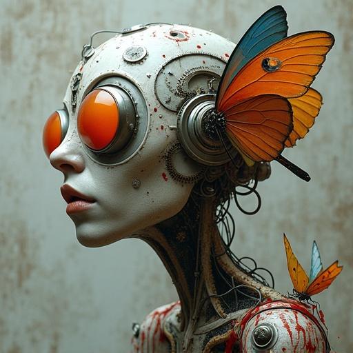 Surreal biomechanical portrait figure with a distorted face. Blends organic and mechanical elements. Pale weathered skin with wires and gears. Large red-orange mechanical eye. Vibrant butterflies in orange and blue colors. Red streaks and drips create a visceral effect. Muted textured grey background adds an eerie atmosphere.