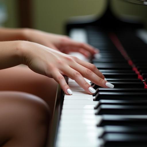 Image features close-up of a young woman's hands playing piano keys. The woman's legs are partially visible with white toenail polish. Soft natural light enhances the beauty of the scene.