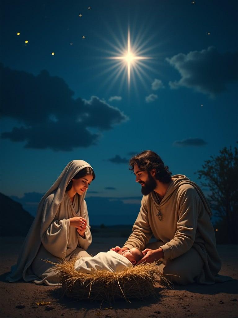 Mary and Joseph kneel beside baby Jesus in a manger during a starry night. The bright star shines in the sky above them. The scene evokes a sense of peace and divinity.