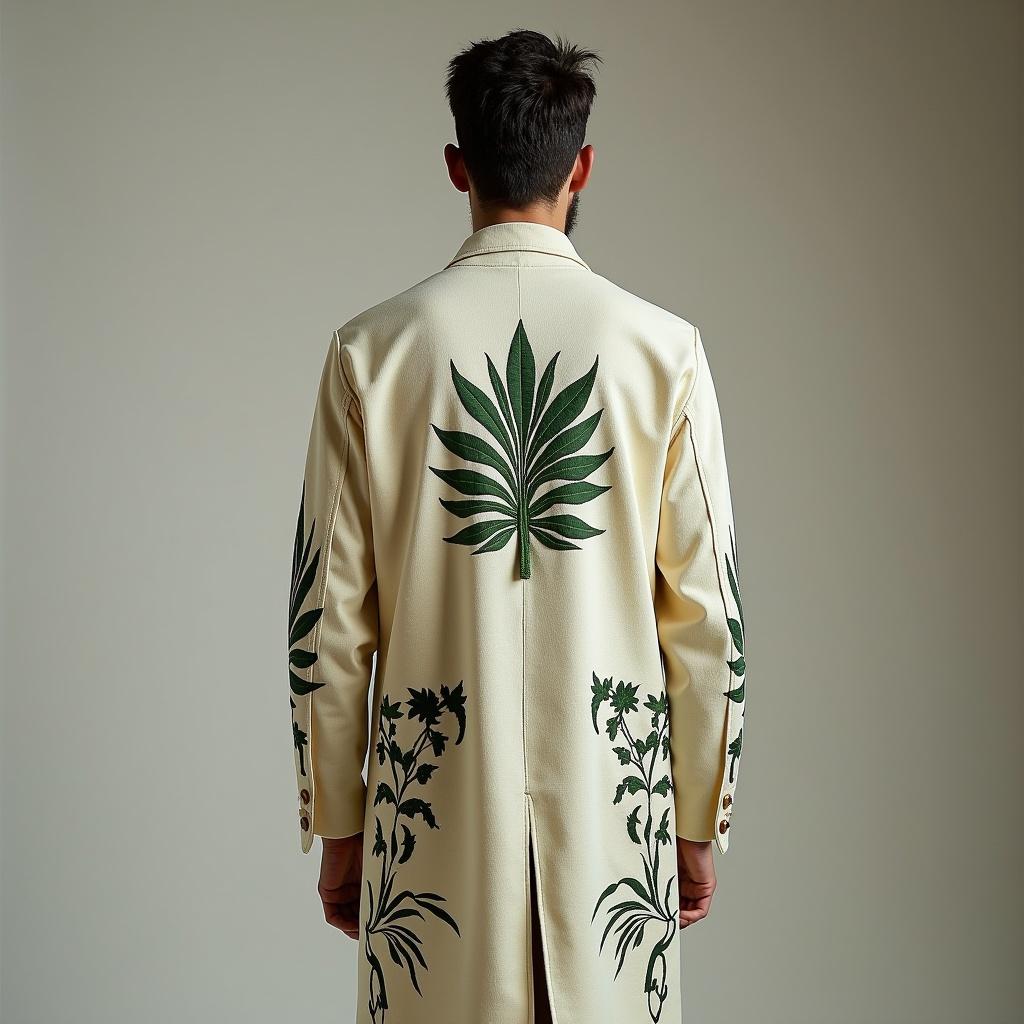 The image shows a man standing with his back to the camera, wearing a striking long ankle-length jacket. The jacket is colored in a light bleached bone shade, making it visually appealing. Its standout feature is the dark green embroidery of leaves that adorns the back and the sleeves. The model maintains a neutral stance, emphasizing the unique design of the outerwear. The background is plain, allowing the jacket to be the focus. This sophisticated piece highlights nature-inspired fashion elements in contemporary design.