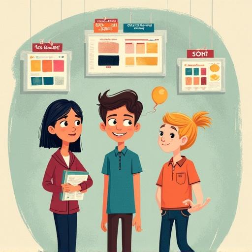 Three children engage in a friendly discussion about organization. They represent sorting concepts. Colorful posters hang in the background showcasing methods. Bright environment emphasizes teamwork and learning.