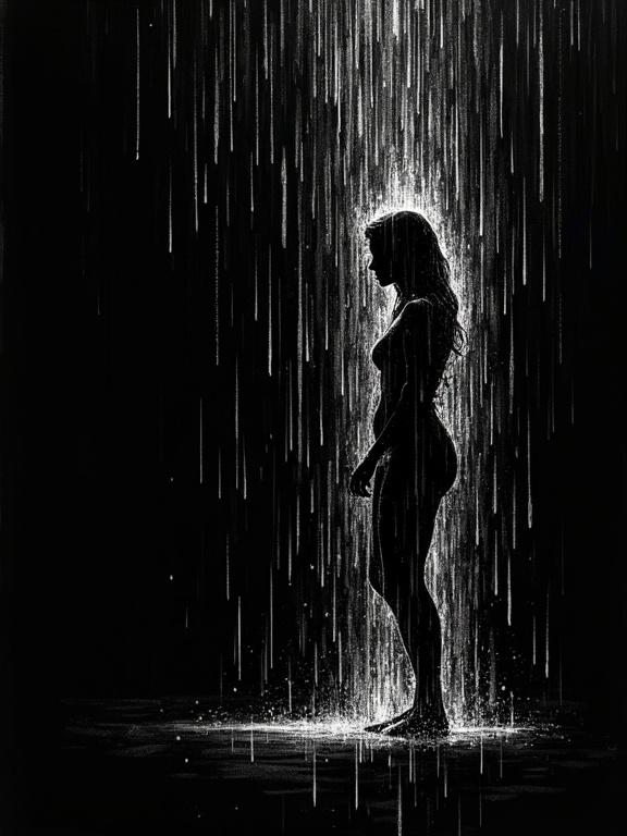 Abstract digital illustration of a woman's silhouette melting into rain-strokes on a solid black background. The form is defined by chaotic rain patterns. Emphasizes surreal dissolution, impasto texture, and a dreamlike quality.