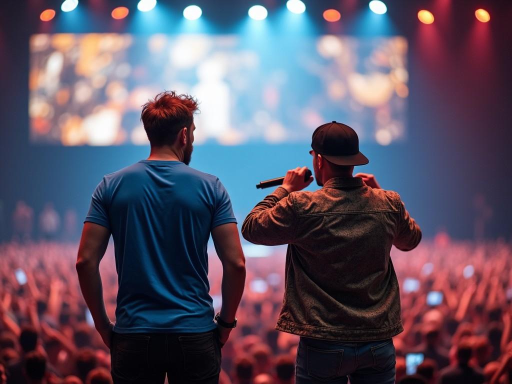 The image showcases two performers on stage at a lively concert. The person on the left stands with arms crossed in a blue shirt and light brown hair, listening intently to the performance. The person on the right, wearing a patterned jacket and cap, passionately holds a microphone while engaging the audience. Behind them, colorful stage lights illuminate a large crowd filled with fans. A large screen displays visuals related to the performance, enhancing the event's energy. The atmosphere is vibrant and full of excitement, creating a memorable live event experience.