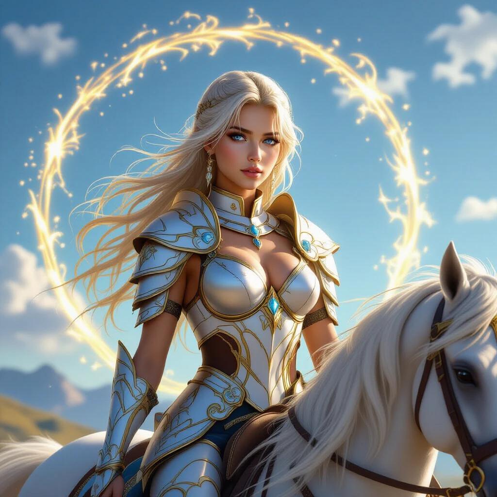 Ultra-realistic depiction of a beautiful female warrior surrounded by golden aura outlining her body. She has blue eyes and a relaxing expression. Dressed in sleek silver-white armor with blue runes. Riding a pegasus against a dynamic blue sky background lit by dawn light. Long wavy blonde hair flows gracefully.