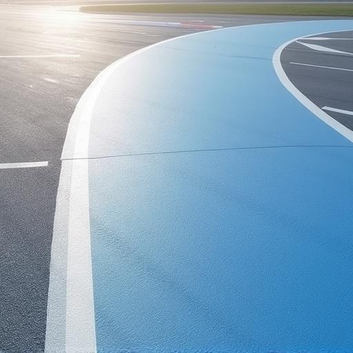 Blue and white runway line on a gray smooth track. Line curves with blue part wide and white part narrow. Bright sunlight from the left casting shadows on the surface. Scene is serene and focused.