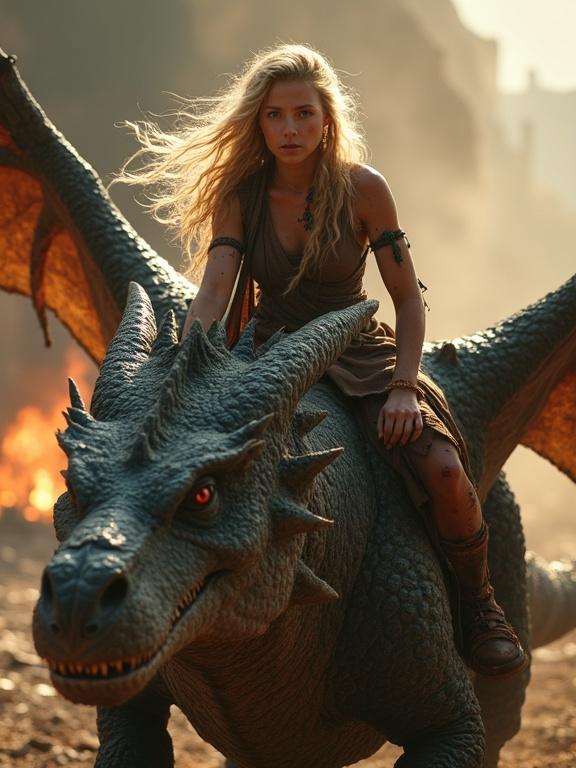 A young tribal woman rides a massive dragon. Hair is tangled. Skin is glowing with dirt and blood. Dragon has smoking nostrils and jagged wings. They are on a ruined battlefield with sparks and ash swirling.