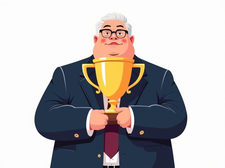 Illustration of confident man in professional attire holding a trophy. Rich maroons and navy blues in clothing. Background transparent.
