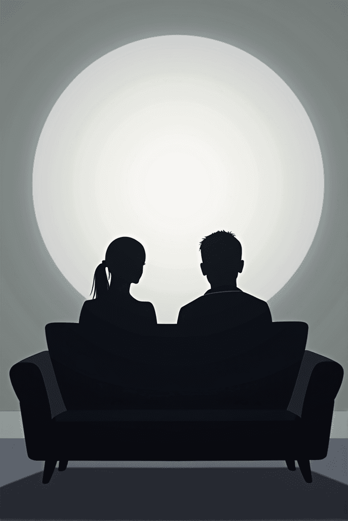 Silhouette of a couple sitting on a couch against a large, glowing circular backdrop.