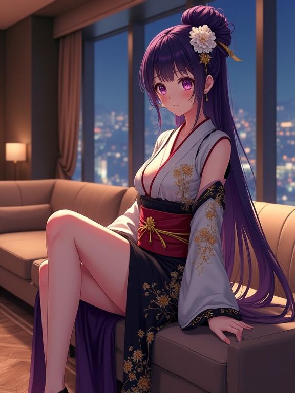 A full-body view of a beautiful anime-style lady. Dark violet hair styled in an elegant updo with kanzashi. Large violet eyes express calm and confidence. Wears a luxurious kimono with floral patterns over a black base and a red obi belt. Seated on a sofa in a stylish lounge with a city night view. She leans back with legs crossed in a relaxed pose. The lighting is warm and ambient, creating a sophisticated atmosphere.
