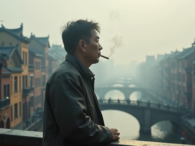 Real photo texture. A Chinese man is smoking on a bridge overlooking a river. Buildings are visible in the background.