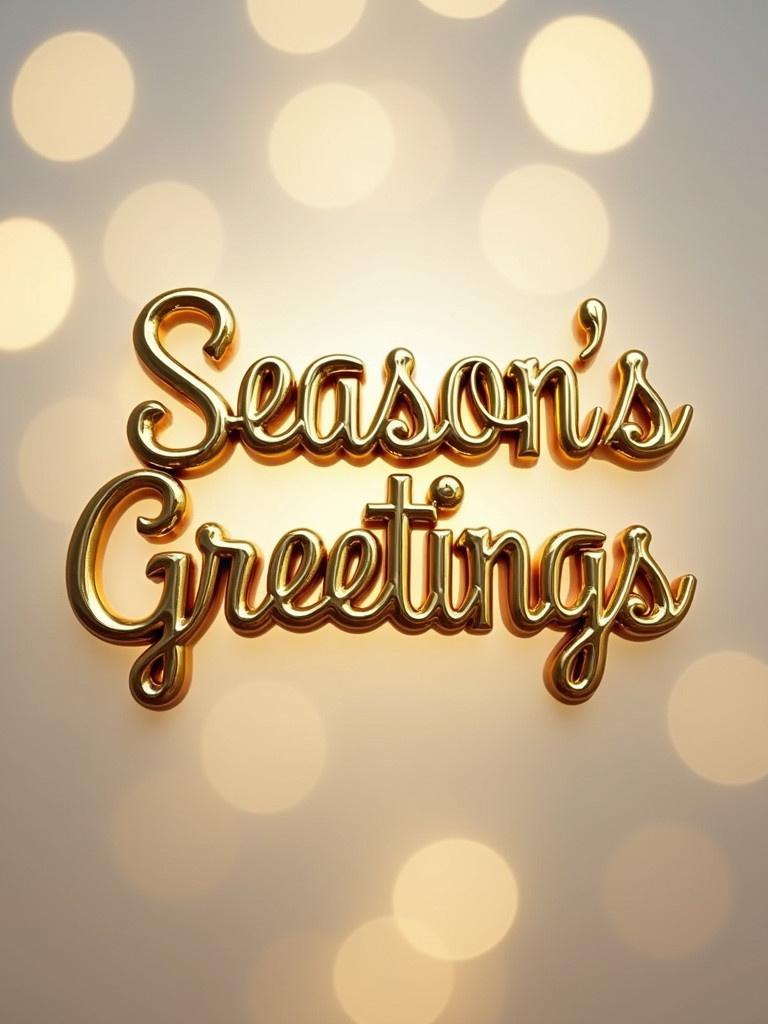 A gold 3D lowercase 'Season's Greetings' on a transparent background. Bokeh effect adds warmth and elegance to the text.