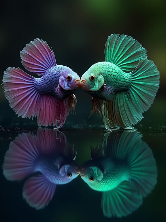 Male betta fish sparring with reflection. Fish colors are purple and green. Close-up view of fish.