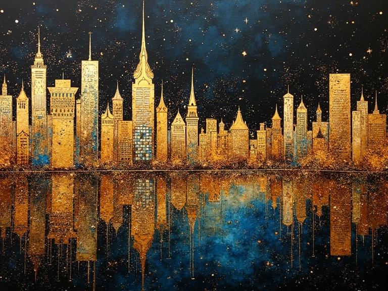 A cityscape inspired by famous artists. Features a skyline filled with golden buildings. Colors include blue and rust against black background. Art employs dripping ink and wet splatter techniques. Stars sparkle in the sky. Creates a happy and abstract feeling. Reflective water adds depth to composition.