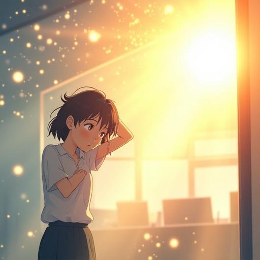 Illustration depicting Sato Mizuki expressing relief from work worries. Character in office casual clothing, holding her head low. Tangled gray threads around her. Warm sunlight from the right, illuminating her surprised but gentle smile. Background shows blurred office or abstract space.