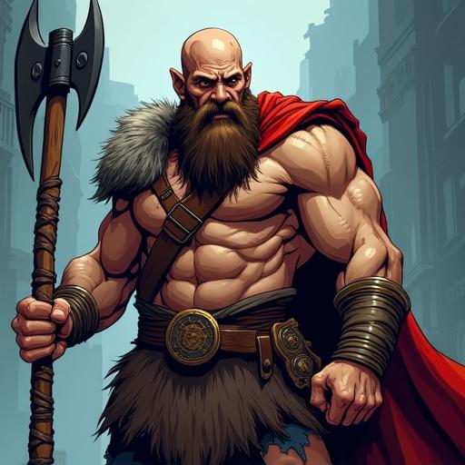 Digital comic book illustration of a muscular dwarf with a beard holding an axe. The character is in a superhero pose. Features cel-shading and rotoscope techniques. Cinematic composition with high contrast, detailed skin and fabric, bold outlines.