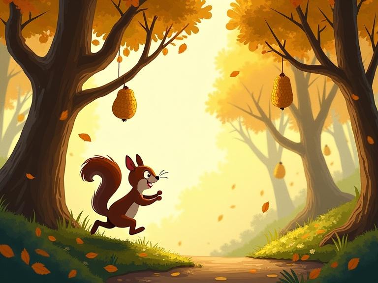 Children's book illustration depicting a whimsical scene called Nut Hollow with Sammy Squirrel energetically running through a sunlit clearing. Three distinct peanut trees with glowing peanuts in a magical forest setting. The background is simpler to emphasize the main elements. Space for text is artistically integrated.