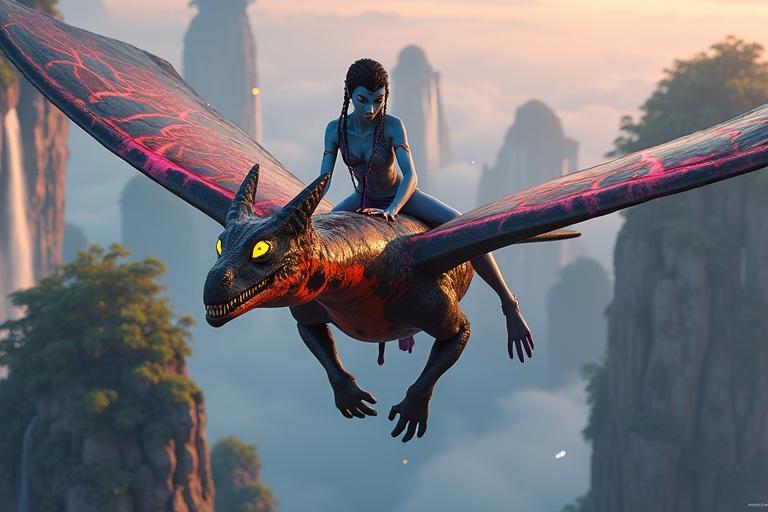 A Na'vi ride on a massive dragon-like creature over surreal floating islands. The Toruk has fiery patterns and dominant wings. A vibrant dusk sky is full of mist and magical fish. The Na'vi female has blue skin and glowing stripes. She wears tribal ornaments. This image captures a sense of freedom and wonder.
