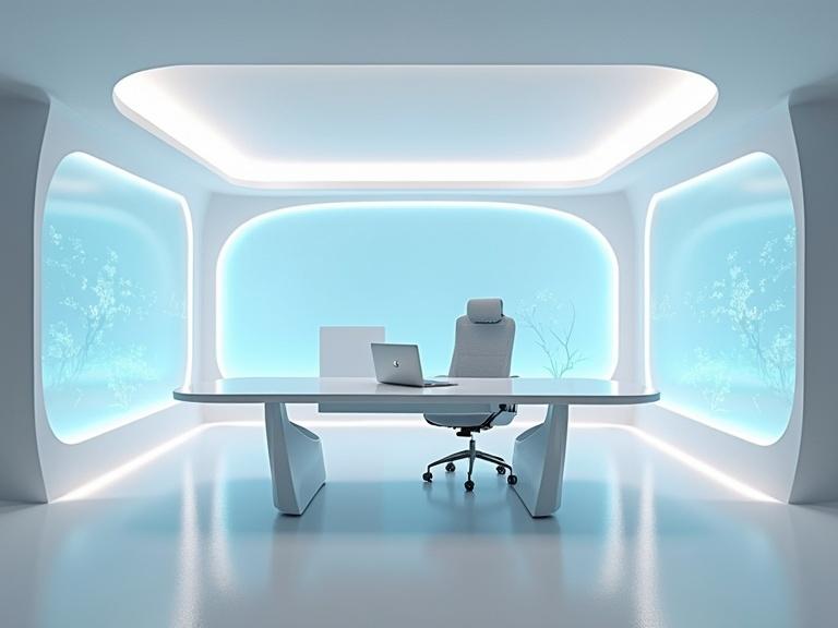 A futuristic minimalist office design. Close-up view of a floating work desk and ergonomic chair arranged towards the camera. White tones with chrome and blue-gold details. Holographic screens with graphics on the sides. Overall view of the complete office slightly from above.