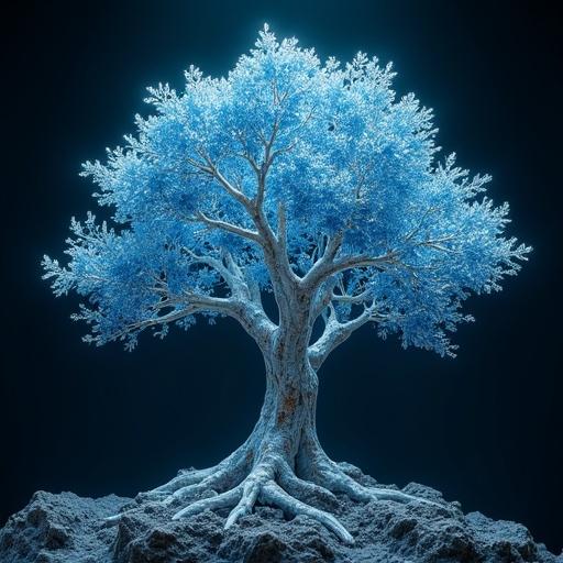 Hyper-realistic photo of a crystal tree, semi-transparent brown trunk, navy blue transparent sharp leaves. Add lighting, shadows with professional lens effect. A giant, dark demon reaching for the tree.