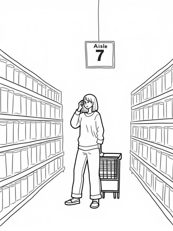 Gender-neutral person standing in a grocery store aisle with a shopping cart. Person holds a phone and is wiping a tear. Shelves of cereal boxes and soup cans drawn in outline. Large sign above says Aisle 7. Falling tears create a gentle pattern as they drift up. Simple, minimal, and centered composition.