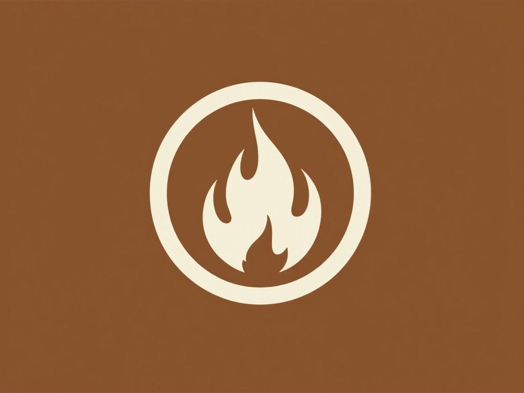 minimalist flame icon within a circle on a brown background