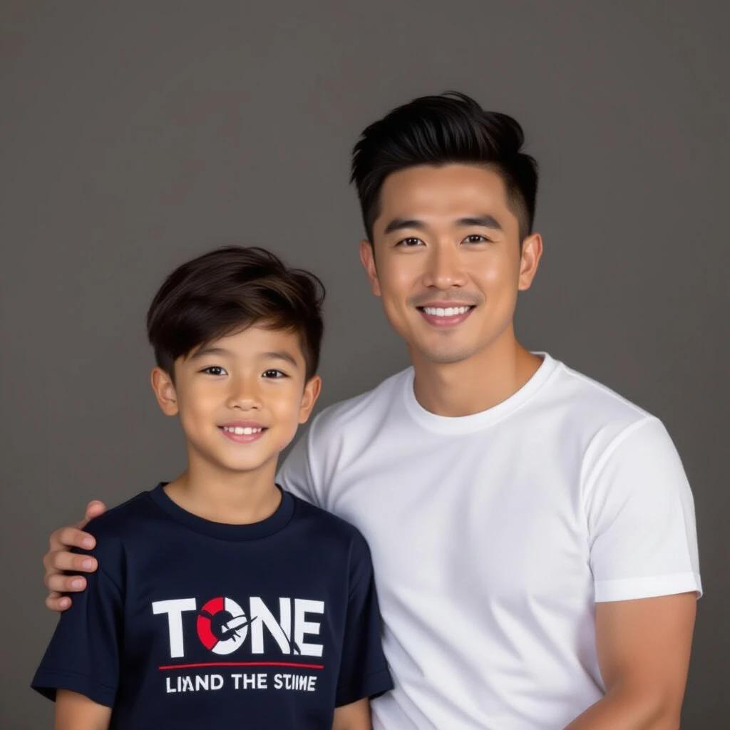 A smiling man and a boy pose together in a portrait. Both wear casual outfits. The background is a neutral gray, creating a soft and warm atmosphere. The focus is on their friendly expressions and connection.