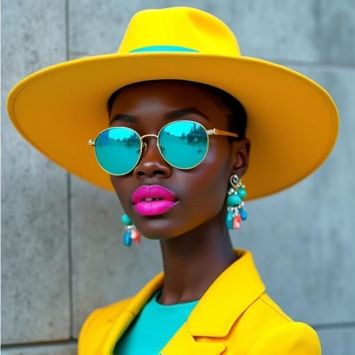 Young Black woman in a bright yellow hat wearing turquoise sunglasses and pink lipstick. She's in a colorful outfit with earrings against a textured gray wall. The image features bold colors and sharp focus in an ultra-realistic style.