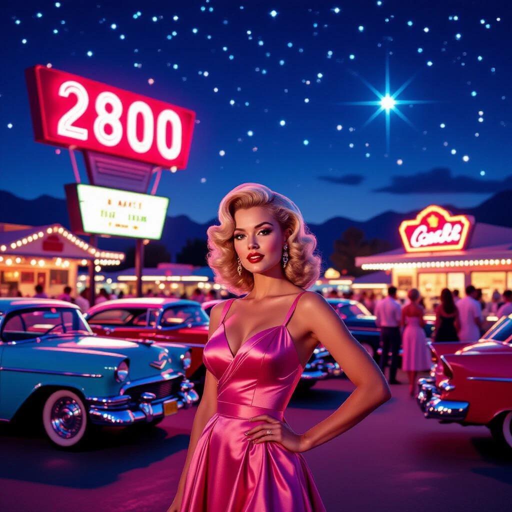 Glamorous woman with blonde curls stands under a starry night sky. Vintage attire enhances poise. Classic cars from mid-20th century are in the background. A large illuminated sign reads '2800'. People mingle and enjoy refreshments at retro stalls. Rich colors create a nostalgic vibe. Bright neon lights illuminate the scene.