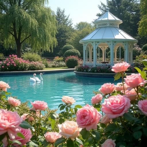 A pastel floral rose garden surrounds a white gazebo. Sunlight shines over a blue pond. White swans swim nearby.