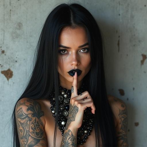 A female vampire model with long black hair poses against a textured gray wall. She has many tattoos on her upper body and wears dark lipstick. Her expression is serious, with a finger to her lips. The focus is on her face and fangs, along with her layered necklace.