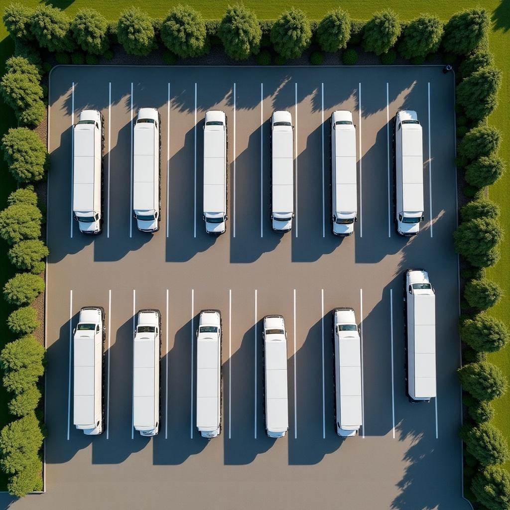 Aerial view showing a 1.5-acre parking lot designed for semi trucks. Spaces are 15 feet wide and 55 feet long with consideration for a 40-foot turning radius. The lot features multiple rows of parked semi trucks arranged systematically.