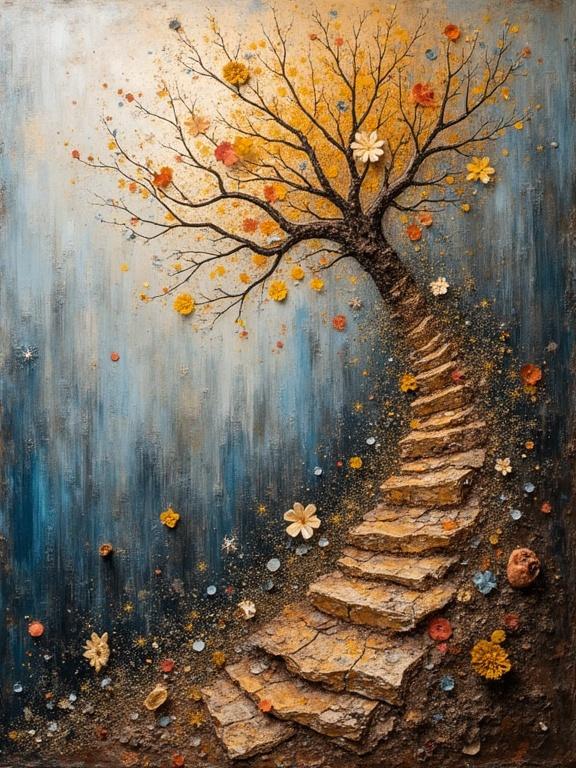Mixed media artwork featuring a textured tree with a winding path. Incorporates newspaper, jute fibers, sand, and glitter. Luminous colors create depth. Stunning composition evokes magic.