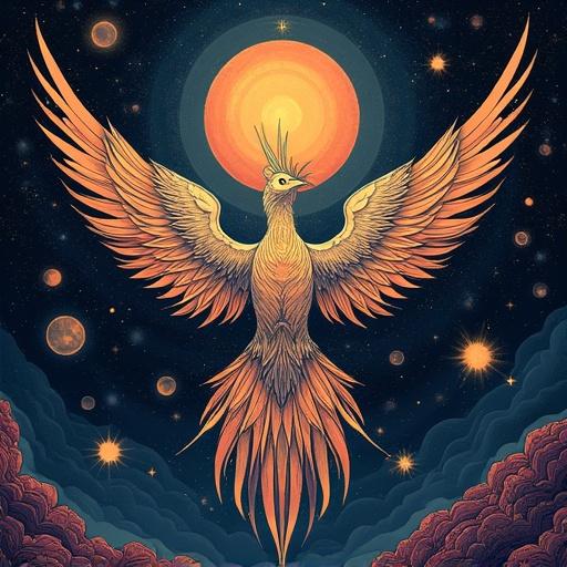 Cosmic phoenix with wings spread wide. A celestial background with stars and planets. Inspired by cosmography. Suitable for prog rock album art.