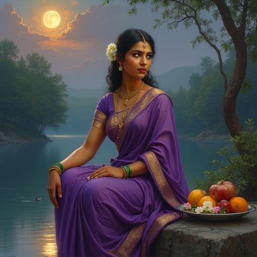 A classical Indian woman sits gracefully by a serene river during dusk. She is dressed in a traditional purple saree with a gold border and wears elegant gold jewelry and green bangles. Jasmine flowers adorn her hair. Her expression is calm and dignified. The background features a moonlit river with misty clouds and lush trees, depicted in a vintage Raja Ravi Varma style. A silver plate with flowers and fruits rests beside her. The lighting is dramatic, with soft shadows, and the texture resembles an oil painting.