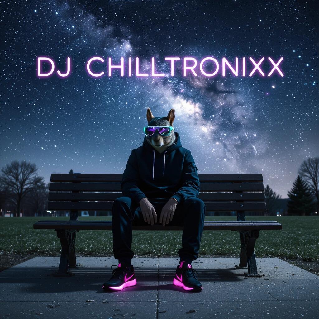 A cool character with a squirrel head wears stylish clothes and neon runners. The character sits on a park bench at night under a dark nebula sky. The scene has distant lights creating eerie shadows. The image is an artistic album cover featuring the text DJ Chilltronixx in a futuristic style.