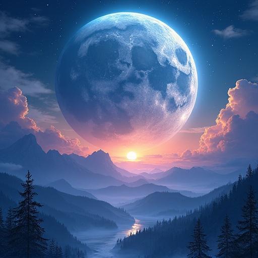 Spectacular landscape painting showcasing a fantasy world at night with a full moon illuminating the colorful sky above mountains and a river