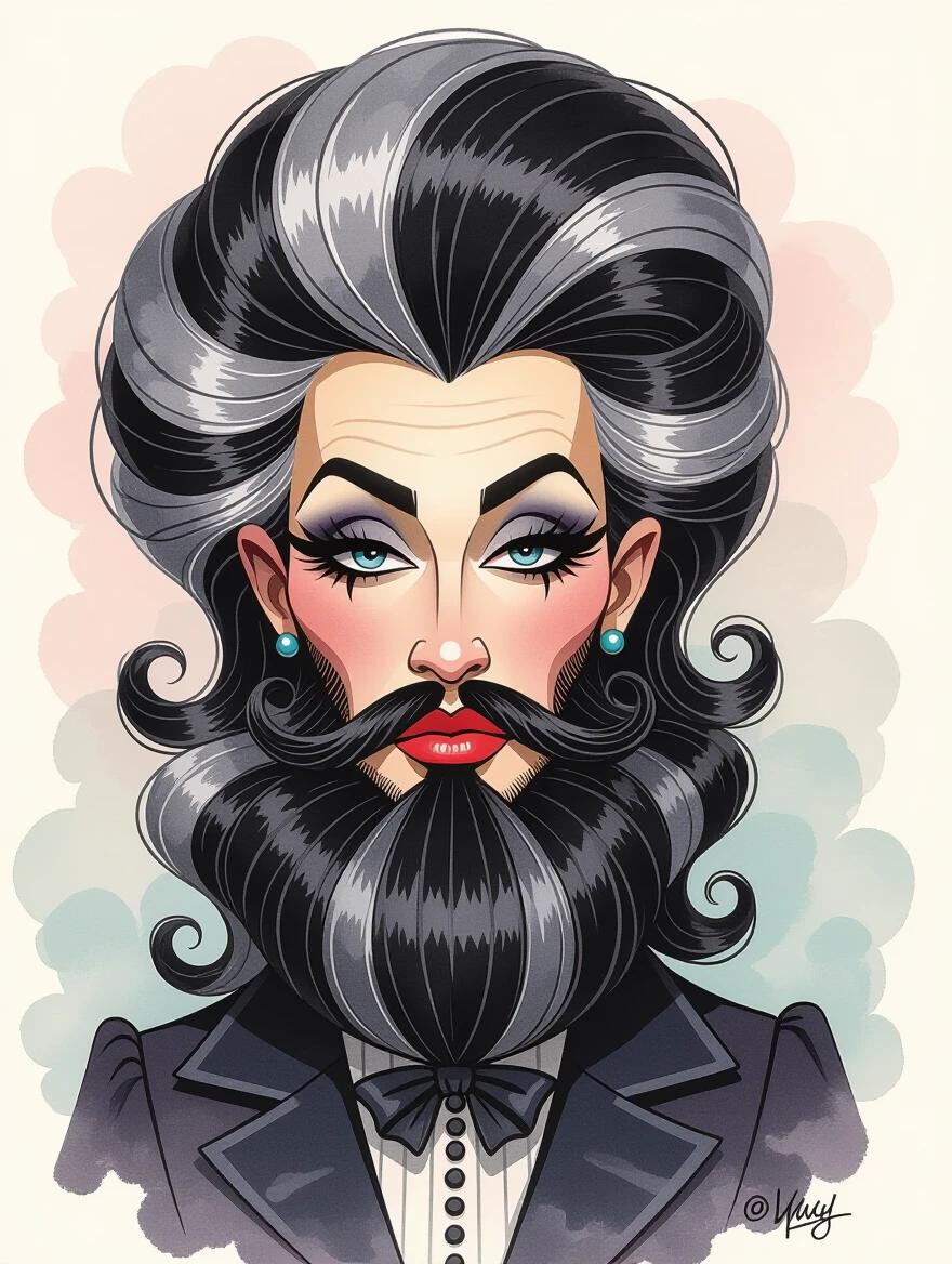 Exaggerated caricature of a person with a large stylish beard and hair. Hair styled in high curls with striking colors. Dark makeup enhances the dramatic look. Attire features a decorative bow or ruffle. Colorful digital cartoon illustration with thick outlines.