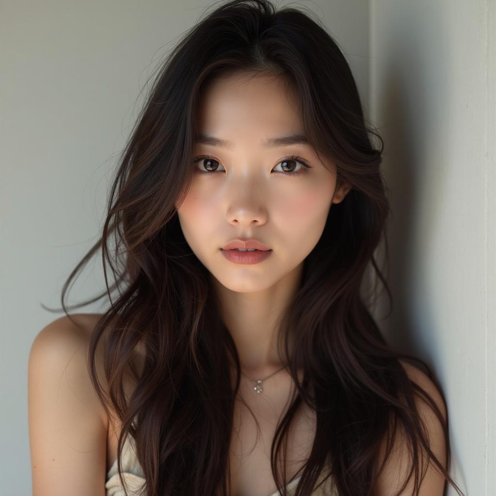 Contemporary portrait of a young Asian woman with long hair and pale skin. She exudes modern beauty and confidence. Natural lighting enhances her features.