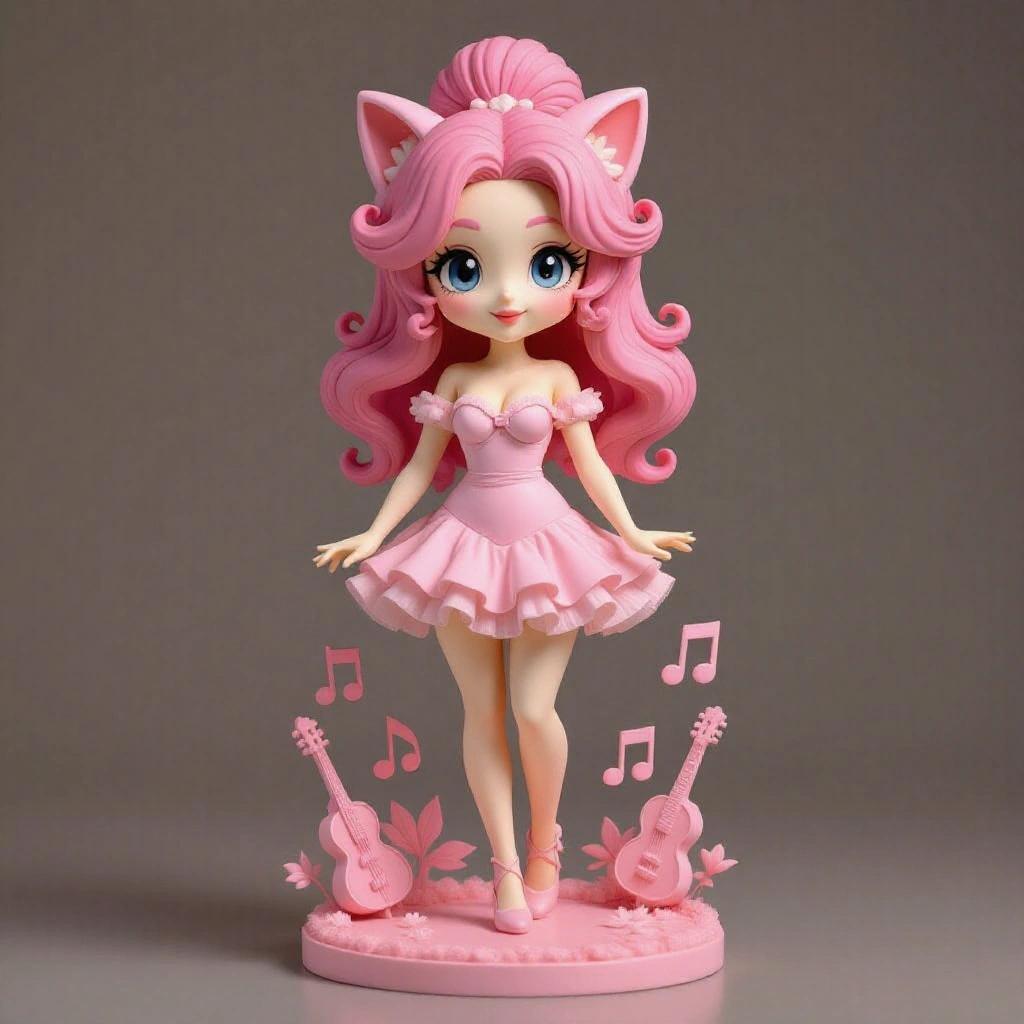 Stylized female figurine of a woman inspired by Jigglypuff. Delicate face with soft eyes. Sweet expression. Short pastel pink dress with tulle. Long pink wavy hair in a high bun. Stands on base with musical motifs. Holds a microphone. Rounded ears and discreet tail. Ethereal and elegant style for resin printing.