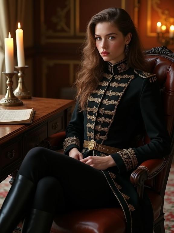 A young woman with light brown hair and hazel eyes in an intricate black Prussian hussar uniform. She has a large bust, thin waist, and large hips. Black cavalry shoes and black trousers complete the look. She sits cross-legged on a leather chair beside a desk with candles and a book. Candlelight illuminates a fancy mansion room. Her uniform features detailed golden patterns and a belt.