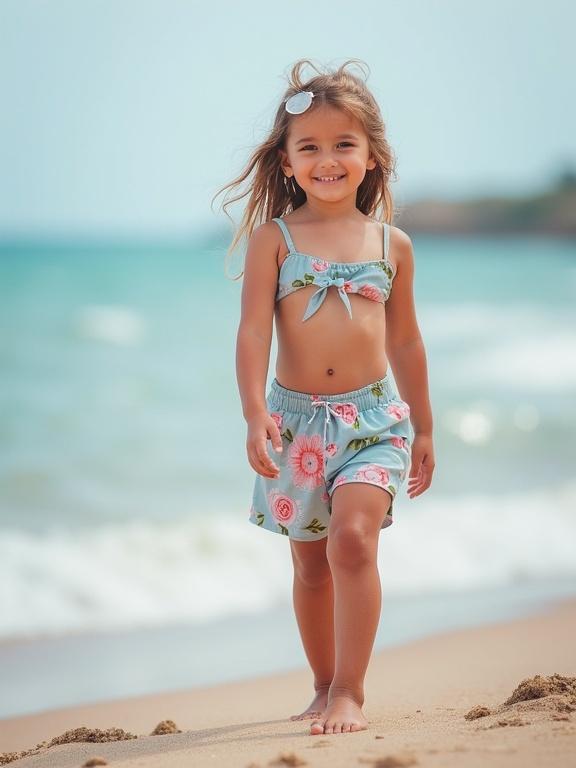 Young girl walking on the beach. She wears floral swimwear. Soft sand under her feet. Ocean waves in the background. Smile on her face.