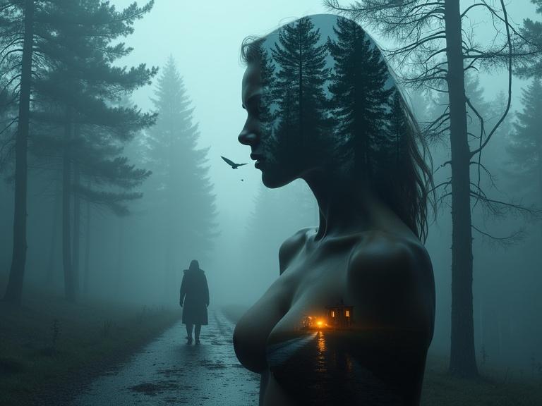 Surreal double exposure of a woman's silhouette filled with a forest scene. Narrow winding road with lights in foggy village. A lone figure in the mist, crows overhead. Beautiful yet ghostly body. Colors are deep blues and grays with dim orange highlights.