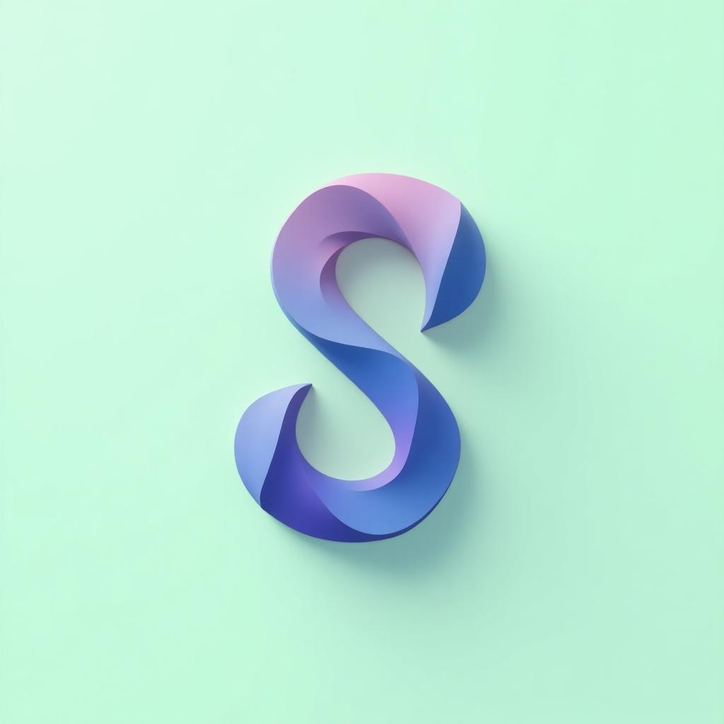 Minimalist logo design featuring letter S. Gradient blending blue and pink. Interlocking shapes. Light green background. Subtle shadow creating 3D effect. Sleek and professional look.