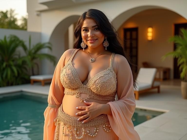 Realistic full-body portrait of a confident chubby belly dancer woman outdoors. She wears a stylish and elegant belly dancer outfit. The background shows a luxury villa with greenery. Soft sunlight creates a vibrant yet serene atmosphere. The model smiles softly, her hair styled gracefully.