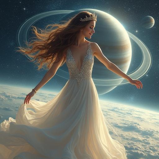 A beautiful woman with long brown hair and a crown, wearing a white bejeweled empire waist gown with a flowing skirt, dancing amongst the rings of Saturn, with her arms outstretched. Detailed stars and a distant planet visible in the background.
