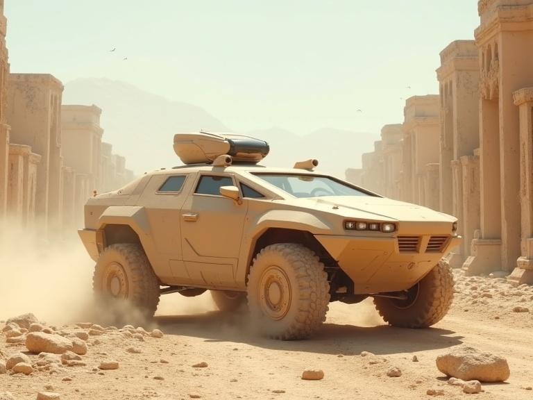 Cinematic sleek dust-covered light beige polygonal military APC vehicle in a sunny desert stone city ruins. Vehicle shows details and textures in 4K quality.