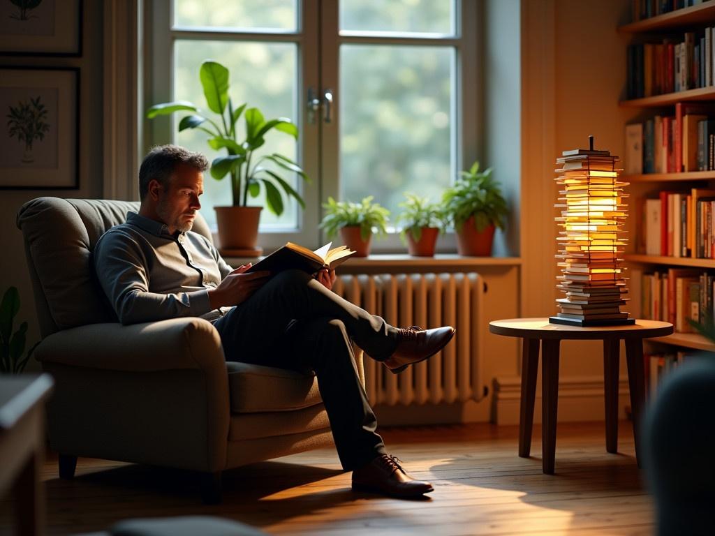 The image depicts a hyper-realistic man sitting comfortably in a chair, with his legs crossed, deeply engaged in reading a book. The lighting casts a warm glow around the room, highlighting the details of the furniture and decor. A unique lamp, made from stacked books, sits on a wooden table, creating a cozy atmosphere. The room features large windows allowing natural light to filter in, accentuating the plants on the windowsill. In the background, a bookshelf filled with colorful books adds to the inviting scene.